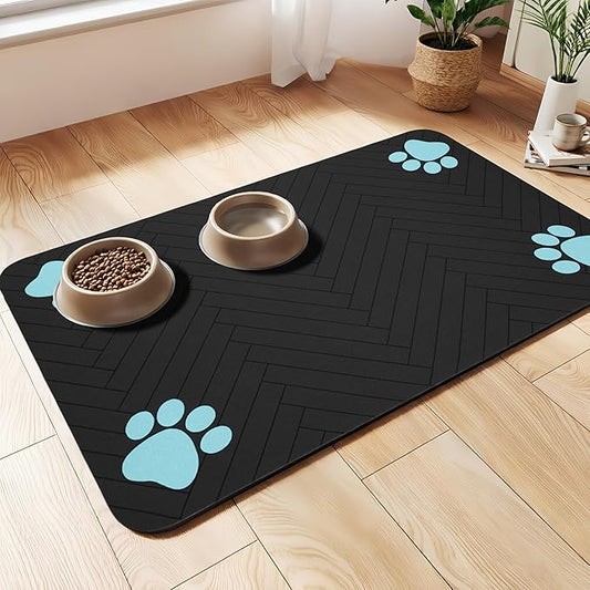 Pet Feeding Mat-Absorbent Dog Feeding Mat for Food and Water Bowl,No Stains Pet Placemat,Quick Drying Water Dispenser Mat for Dog and Cat,Easy to Clean Dog Accessories(S,Black Blue Paw)