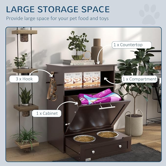 Pet Feeder Station with Pull-Out Drawer and Elevated Bowls, Hidden Pet Food Storage Cabinet with Side Hooks, Pet Supplies Organizer for Dogs Cats, Brown