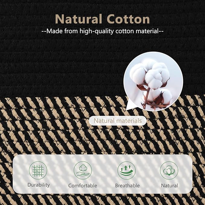 ECDYQXVU 15x10x9 Woven Cotton Rope Storage Basket, Leather Handles 3 Pack | Foldable Design, Sturdy PU Handles, Easy to Clean Organizer for Living Room, Closet, Shelves, Bedroom, Laundry, Clothes