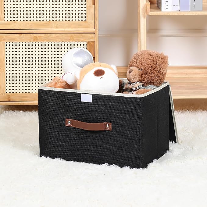 ANMINY Fabric Storage Box Bins with Lids, Black, 15"x10"x10" | Keepsake Memory Storage, Cotton Linen, PP Board Reinforced, Washable, PU Handles, Foldable & Stackable, Decorative, Large