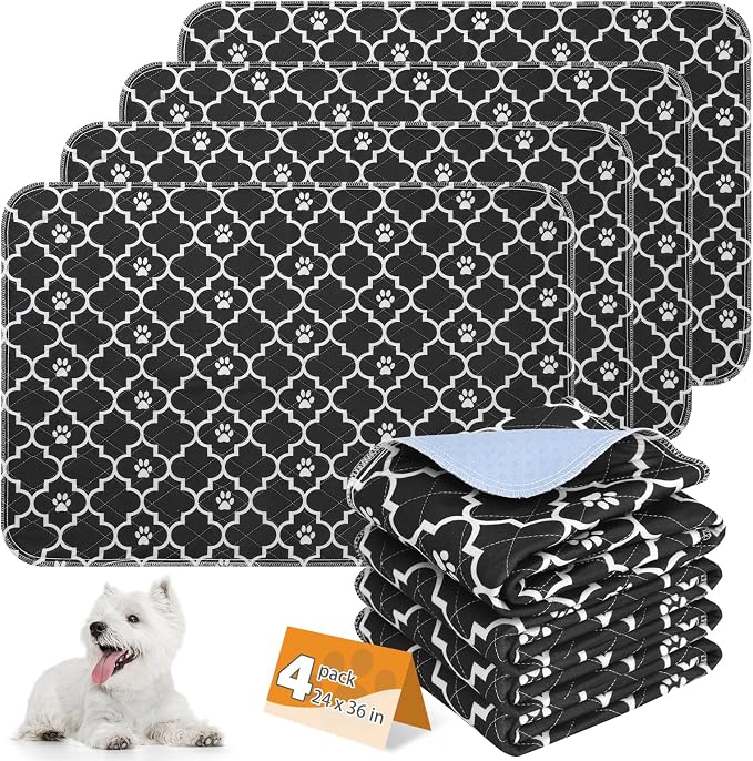 Washable Pee Pads for Dogs, 4 Packs Super Absorbent Leakproof & Non-Slip Dog Pee Pad Large, Reusable Puppy Training Pads Waterproof, Pet Mat Rug for Whelping, Floor, Crate, Car, Cats 24"x36"