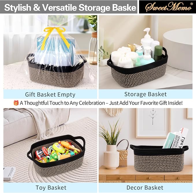 Gift Basket Empty with Handles, 12x8x5 inch - Small Woven Basket for Baby Nursery, Toys, Towels, Wedding, Birthday Gifting - With Gift Bag & Ribbon (Black Brown, 1PC)