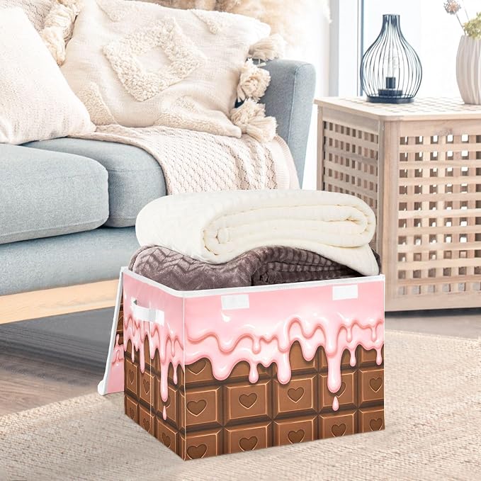 Fabric Storage Bins with Lid Chocolate Love Closet Storage Basket 40L | Decorative Storage Boxes, Foldable & Stackable, Dust-Proof Flip Top, Reinforced Handles, For Home & Dorm, Clothes & Toy Box