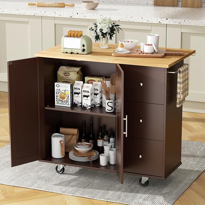 QAQA 40" Kitchen Island Cart Furniture cart on Wheels Rolling Portable Dining Room Serving Utility Carts Mobile Movable with Drawers Cabinet,Brown