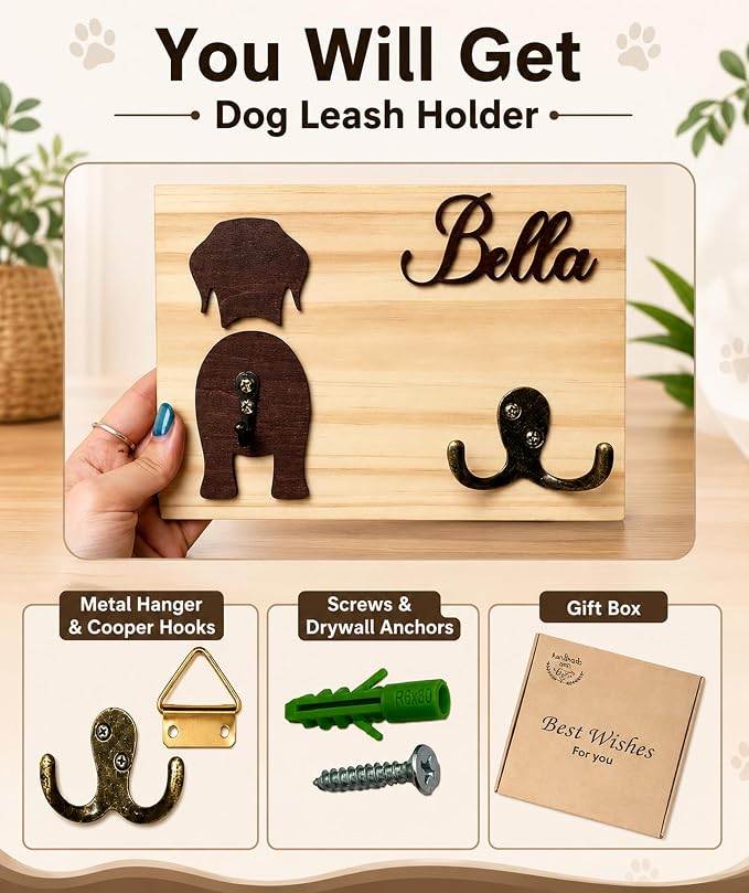 Personalized Dog Leash Holder, Dog Butt Harness Wall Hanger Organizer with Name, Hooks for Leashes, Keys, Collars, Funny Leash Rack Wall Mount for Entryway, Gift for Pet Lovers, Home Décor