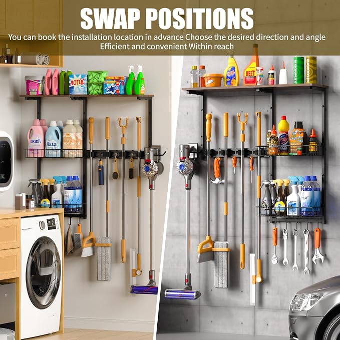 Broom Holder Wall Mount，With A Storage Basket Cleaning Tool Storage Rack | Multifunctional Broom And Mop Organizer Wall Hanger,Suitable Laundry Room 、Garage 、Kitchen Wall-mounted Storage Rack （Black）