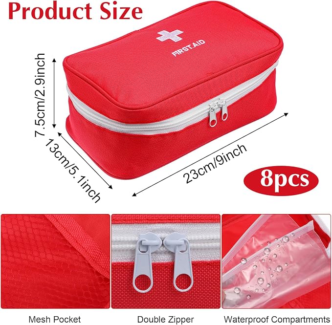 8 Pack Empty First Aid Bag, Emergency Bag Empty, First Aid Case, Portable Medical Storage Pouch for Camping Hiking Travel Home Office (Red)