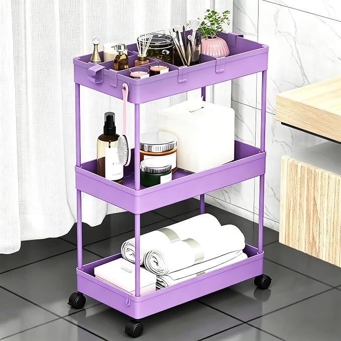 Slim Storage Cart 3 Tier,Bathroom Organizer Rolling Utility,Mobile Shelving Unit Slide Out for Office, Kitchen, Laundry Room & Narrow Places,Purple