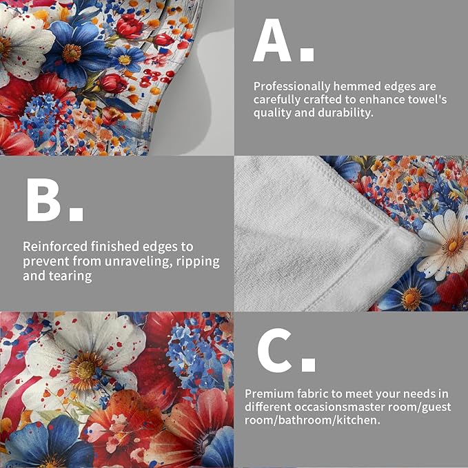 Giwawa 4th of July Hand Towels Patriotic Floral Dish Towels Set of 2 Holiday Soft Absorbent Decorative Fingertip Bath Towel for Bathroom Gym Home