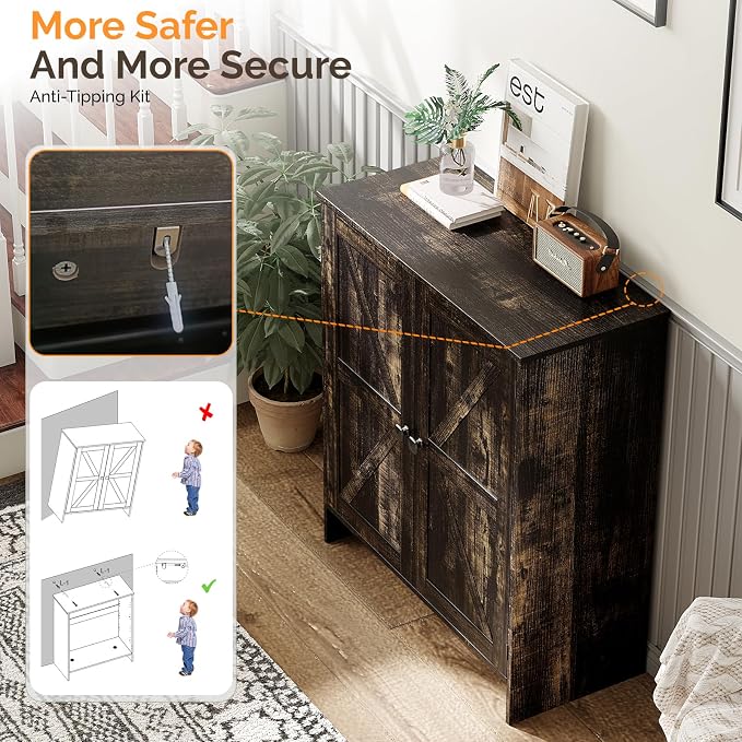 VINGLI Shoe Cabinet with Doors,5 Tier Dark Rustic Oak Wooden Shoe Storage Cabinet for Entryway with Double Barn Doors, Adjustable Shelves, 36.4" Tall Farmhouse Shoe Rack Organizer for Entryway