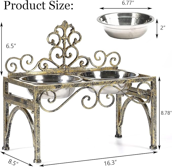 8.78" Height Elevated Dog Bowls for Large Dogs, Metal Raised Dog Feeder | Lifted Dogs Dish Stand with Double Stainless Steel Bowls for Food and Water, Antique Gold Finish Tall Dog Bowl Stand