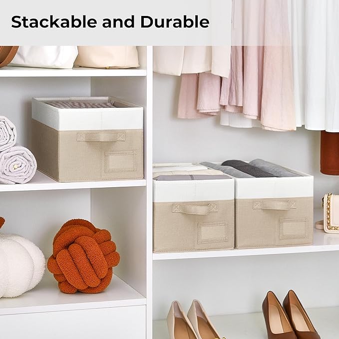 GRANNY SAYS Closet Storage Bins with Label, Khaki&Ivory, Medium, 3-Pack | Fabric Storage Bins, Storage Baskets for Closet, Closet Organizer Bins for Clothes, Clothes Storage Organizer