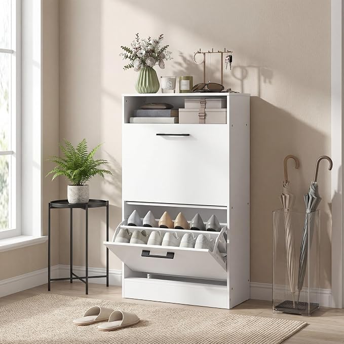 HOMCOM Shoe Cabinet with 2 Flip Drawers, Open Shelf, up to 12 Pairs, White | Narrow Storage Cabinet, Adjustable Dividers, Entryway Shoe Storage Unit, for Hallway