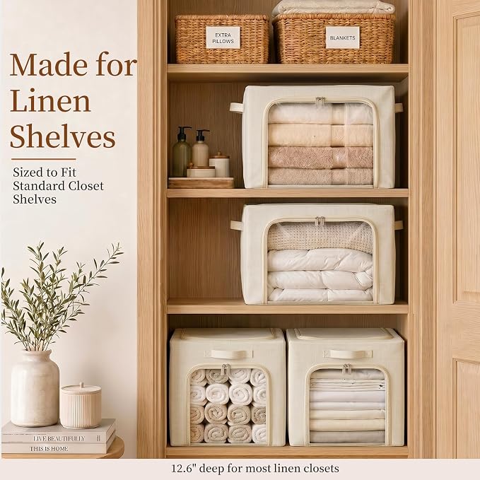 GoMaihe Clothes Storage Bins with Metal Frame for Closet, 40L 6-Pack Beige | Seasonal Clothes Hoodies Jeans, Closet Top Shelf Linen Closet Organizer, 3 Side Access Stackable Collapse-Proof, Clear Window