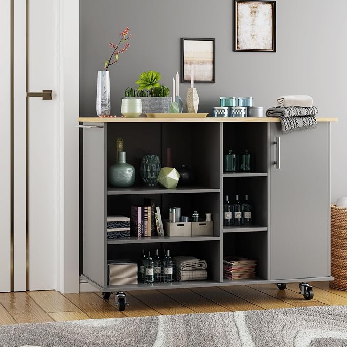 QAQA 48" Kitchen Island Cart Furniture cart on Wheels with Storage，Rolling Portable Dining Room Serving Utility Carts Mobile Movable with Drawers Cabinet,Grey