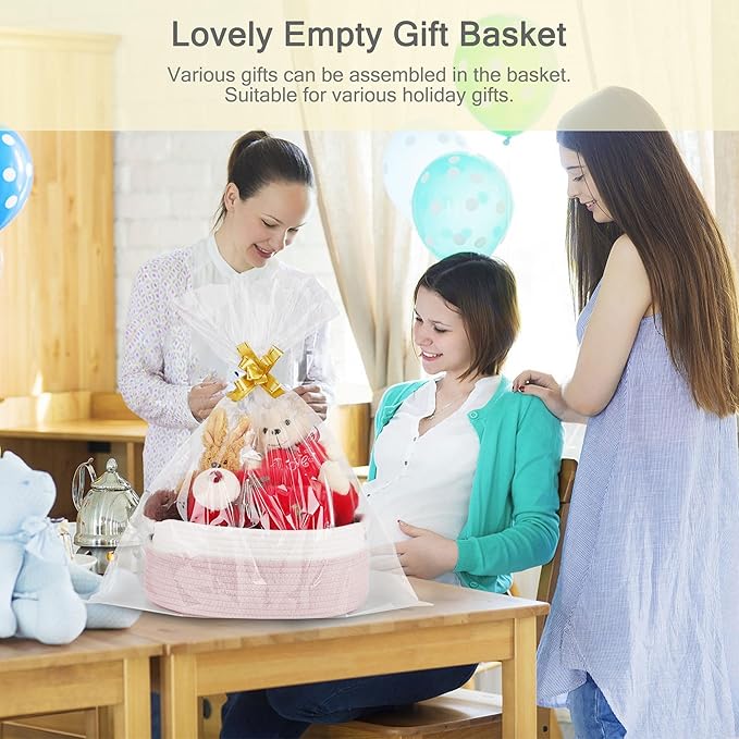 Small Woven Gift Basket with Bag & Ribbons, Light Pink | Cotton Rope, 13”x 9”x 5.5”, Fits for Kids, Women & Men, Bedroom, Living Room, Nursery & Bathroom Storage, Cat & Dog Toy Boxes