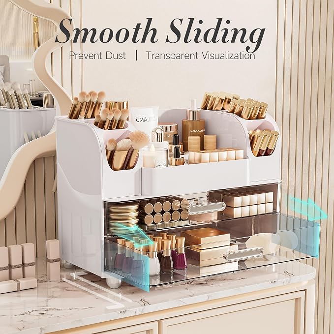 Delamu Large Makeup Organizer Countertop with 6 Brush Holders, White