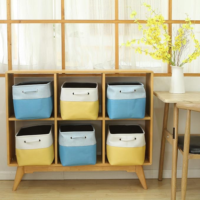 Sea Team Large Rectangle Canvas Open-Top Storage Baskets, 3-Pack | Collapsible Fabric Storage Bins with Handles, Closet Shelf Organizers, 15 x 10 x 10 Inches, Yellow & White