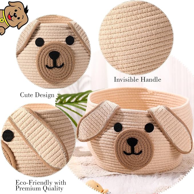 Zopeal Woven Dog Basket with Handles for Toy Storage,Khaki,13 x 8 Inch | Pet Gift Basket, Toys Storage Organizer, Cotton Rope Rectangular Bin, Keeps Puppy Items Organized, Sturdy Handles