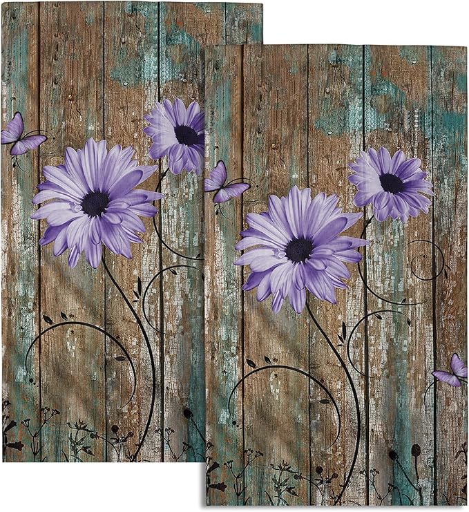 Giwawa Rustic Barn Sunflower Wooden Hand Towel 15x30 Set of 2, Fall Purple Daisy Flower Plank Fingertip Towel Retro Board Face Towel Country Barnwood Washcloth for Bathroom Farmhouse Log Cabin