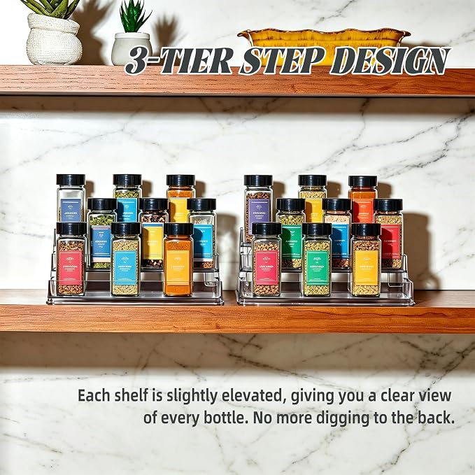 3-Tier Spice Rack, Clear PET Kitchen Storage | No assembly required, fits kitchen, bathroom, pantry, Holds spices, vitamins, cosmetics, BPA-free, space-saving