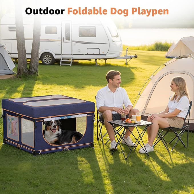 LOOBANI Foldable Dog Playpen Outdoor, 1 Min Setup, 43.3"x43.3"x27.1" | Pet Puppy Playpen Indoor With Cover,Waterproof Bottom & Bag, Portable Dog Fence For Yard, RV Camping,Travel,Blue+Yellow