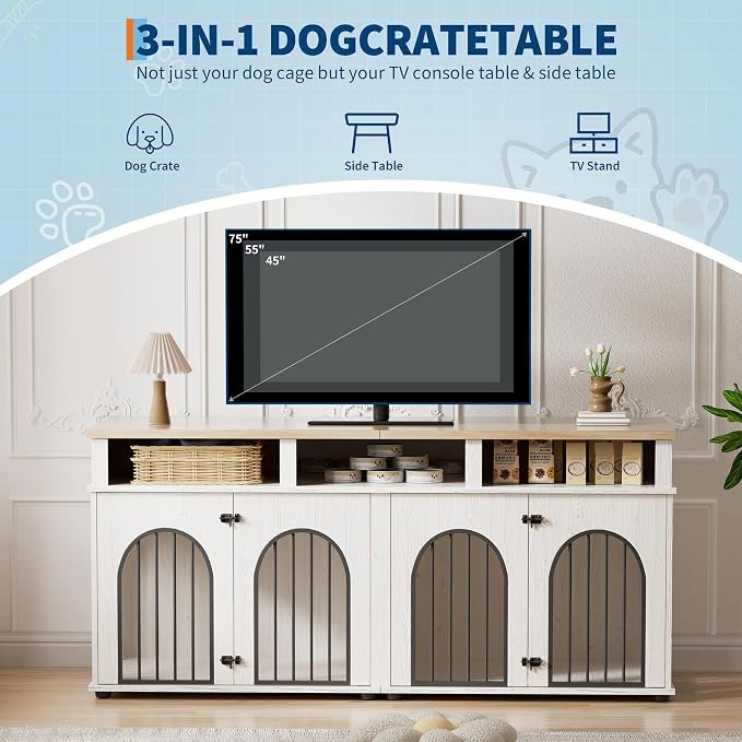 Garvee Double Dog Crate Furniture 71 in Dog Kennel Furniture for 2 Medium Dogs, Heavy Duty Dogs Cage XL Dogs House Indoor with 3 Storage Shelves, Large Puppy Crates with 8 Adjustable Feet
