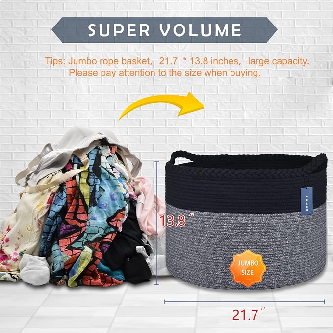 COMSE XXXLarge Woven Blanket & Laundry Basket, 87L, Black & Gray | 21.7" x 13.8", Cotton Rope, Nursery Hamper for Storage of Toys Clothes Towels, Ideal for Living Room Bedroom Bathroom