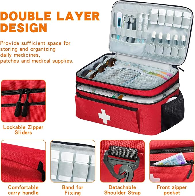 Boczif First Aid Bag Empty, Emergency Kit Bag(Red with shoulder strap) | Pill Bottle for Emergency Trauma Medical Kits Supplies Waterproof, Ideal for Home, Travel, Outdoor