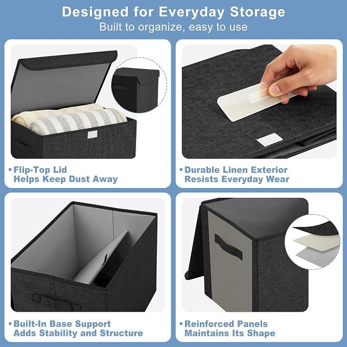 Large 22 Quart Linen Fabric Foldable Storage Bin Cube Organizer Basket with Flip-Top Lid & Handles, Clothes Blanket Box for Home, Office, Closet, Black, 4 Pack 14.6 x 9.5 x 9.5”