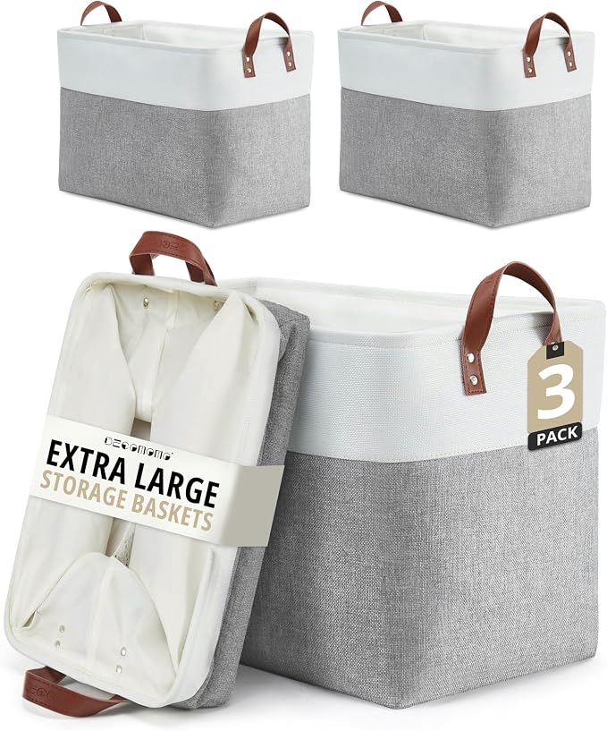 DECOMOMO Fabric Storage Bins, Extra Large Storage Baskets with Handles | 3 Pack Storage Baskets for Shelves, Laundry, Toys, Nursery (Grey & White)
