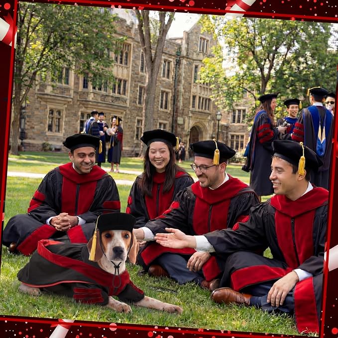 Huhumy 3 Pcs Dog Cat Graduation Doctoral Costume Set, 2026 Pet Phd Graduation Cap and Deluxe Doctoral Gown with Hood Side Tam Puppy Kitty Dogs Grad Holiday Party Costume Accessory(Red,M)