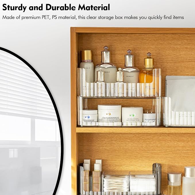 2 Pack Stackable Makeup Organizer Tray, Transparent Cosmetic Display Case with 2 Lipstick Cases and 2 Cotton Swab Pad Boxes, Medicine Cabinet Shelves Organizer