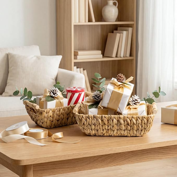 StorageWorks Small Storage Basket, Seagrass Woven Basket for Gifts | Wicker Storage Baskets for Shelves, Baskets with Wooden Handles, 2-Pack Gifts Basket for Home Decor, Hand-Woven Basket