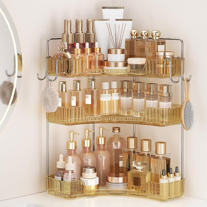 3 Tiers Bathroom Corner Organizer,Bathroom & Kitchen Storage Tray | Storage Countertop with Hooks Skin Care Exquisite Vanity Organizer Countertop Bathroom Storage Dresser, Kitchen-Gold