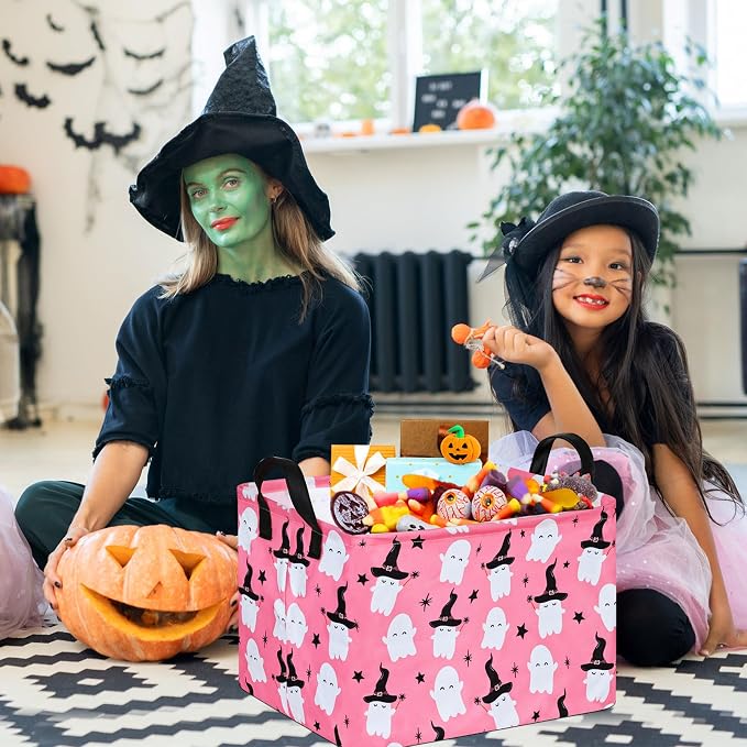 Halloween Ghost Storage Basket with Handles Pink Open Gifts&Candy Spooky Basket stuffers for Kids Baby Collapsible Women Organizer Bins Toys Boxes for Shelves Home Office