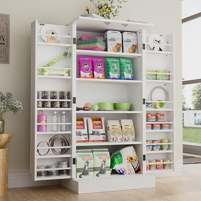 Saudism 47" Dog Food Storage Cabinet with Adjustable Shelves, White | Freestanding Pet Storage Container Organizer for Living Room and Dinning Room