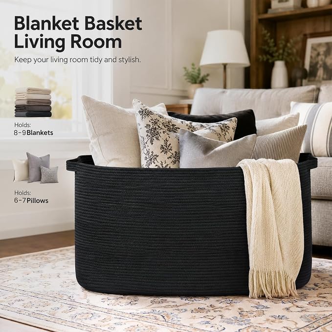 OIASKET 108L Extra Large Blanket Basket Living Room, 24.8" x 16.2" x 16.2" | Rectangle Woven Laundry Hamper, Nursery Blanket Storage Living Room, Toy Storage With Handle, Large Baskets for Organizing