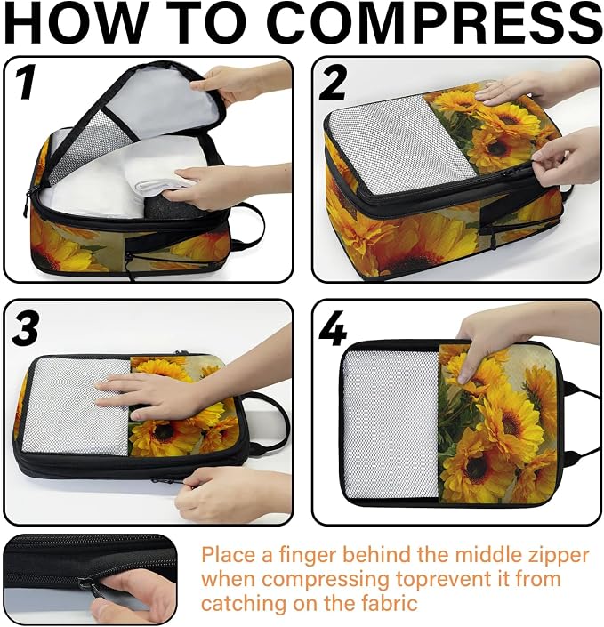 TropicalLife Sunflower Floral 6 Set Compression Packing Cubes | Compressible Expandable Luggage Suitcase Organizer Bags Space Saver Bags for Carry on