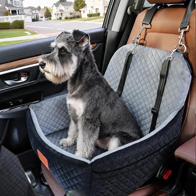 Dog Car Seat for Small Dogs,Pet Safety Travel Bed with 3Seatbelt-Black/Grey | Storage Pockets,Non-Slip Bottom,Memory Foam with Detachable Washable Cover and Easy to Install