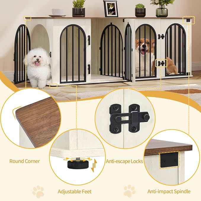 Hzuaneri 63" Double Dog Crate Furniture, Dog Kennel Indoor with Cushion | Heavy Duty Dog Crate Furniture for 2 Dogs,Dog Cage End Table TV Stand with Divider for Med-Large Dogs,White Brown DFC80914BV1