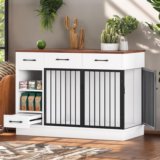 Dog Crate, 47.2" Dog Cage with Hidden Feeder Bowl & 3 Storage Drawers - Wooden Dog Crates with Adjustable Shelf, 2 Doors Dog Kennel Furniture for Medium & Small Dogs, Multi-Functional Pet End Table
