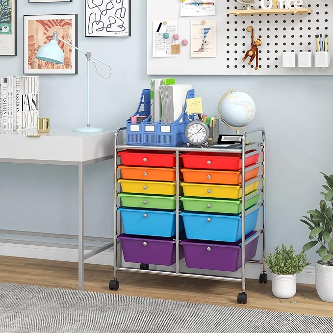 12 Drawer Rolling Storage Cart, Art Cart Organizer on Wheels, Mobile Utility Cart with Drawers, Multipurpose Craft Drawers for Home Office School Classroom (Multicolor)