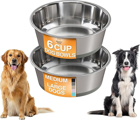 Neater Pet Brands Stainless Steel Dog Bowls with Non-Slip Rubber Bottom – Set of 2, 6 Cup (48 oz), Gray - Heavy Duty Metal Dog Bowl, Dishwasher Safe, Food or Water Bowl, Ideal for Large Dogs