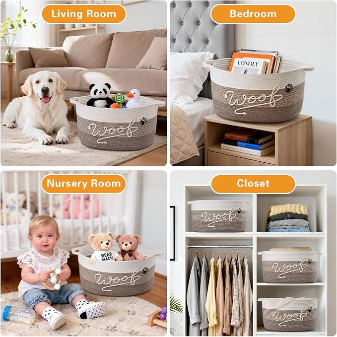 30L Woof Dog Toy Basket with Handles, Large Dog Toy Storage Bin with Paw Print, Woven Dog Basket for Blankets, Toys, Chews, Pet Toy Box for Nursery, Living Room, Bedroom, 17”x12”x9, Brown