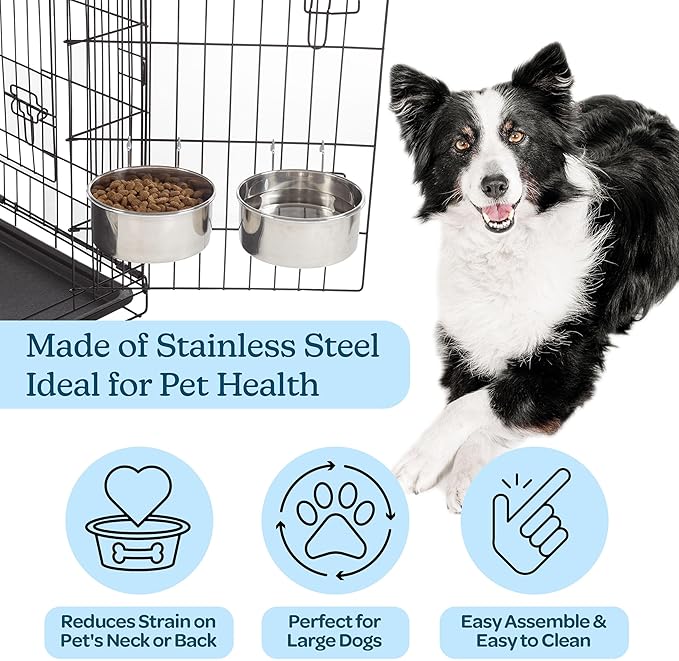 Set of 2 Stainless-Steel Dog Bowls - Cage, Kennel, and Crate Hanging Pet Bowls for Food and Water - 50.4oz or 6.3 Cups Each and Dishwasher Safe by PETMAKER
