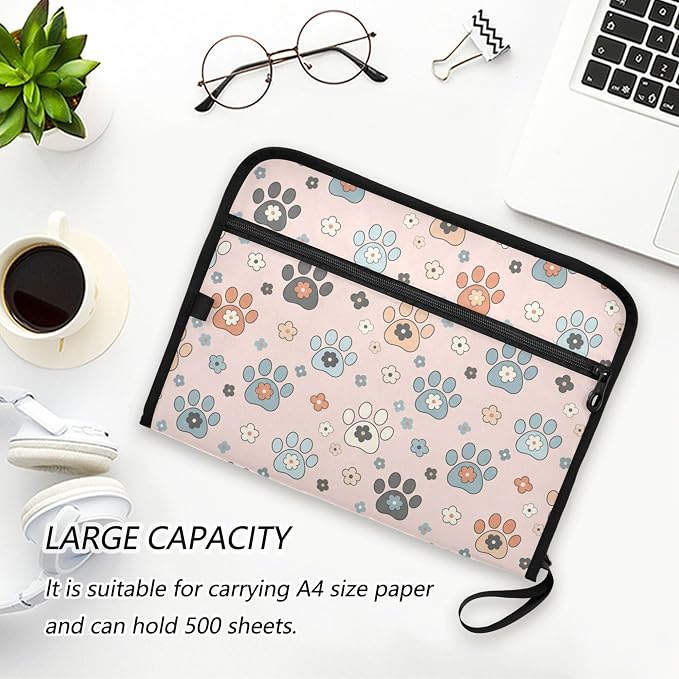 Cute Pet Paw Flowers Expanding File Folder with Sticky Labels, 13 Pockets Accordion File Folder Document Organizer Expandable Zip File Folder with Zipper Closure