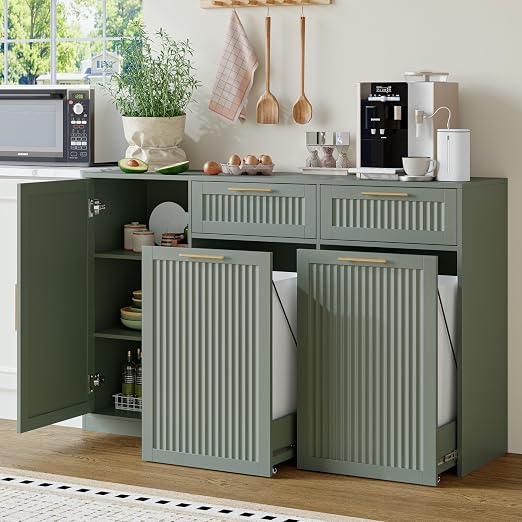 Double 13 Gallon Pull Out Trash Can Cabinet with Storage Cabinet,Green | Pet Proof Hidden Garbage Can Cabinet,3-Tier Shelves,Fluted Design,Extra Drawer Space,Kitchen & Dining Room Organization