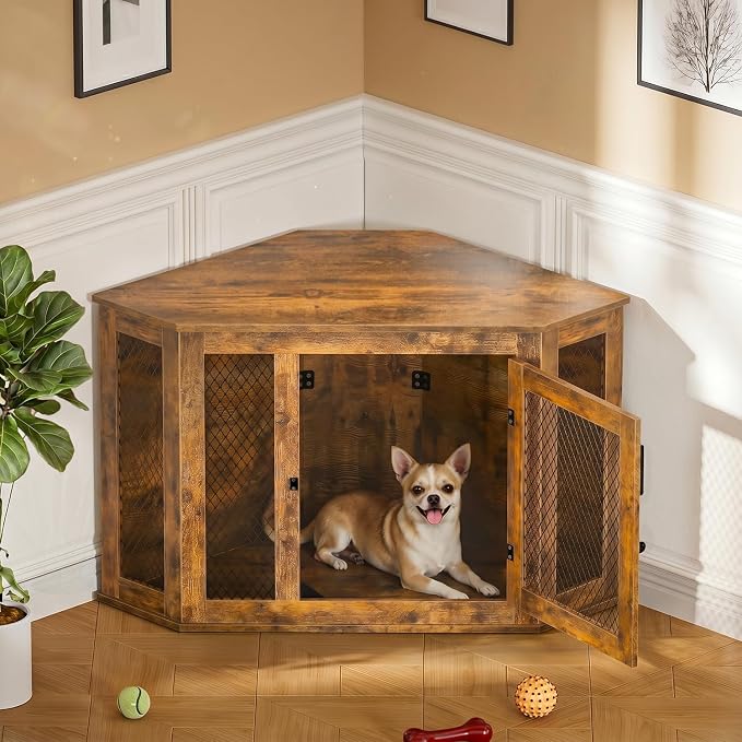 44" Corner Dog Crate Furniture, Wooden Dog Kennel Indoor | Corner Dog Kennel Furniture for Medium-Large Dogs, Brown Space-Saving Decorative Indoor Pet House with Mesh Door & Lock
