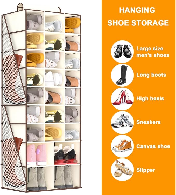 Hanging Shoe Organizer for Closet-Collapsible Storage Rack with 25 Sections & 4 Side Pockets, Hanging Shoe Shelves for Hats,and Clothes, Beige